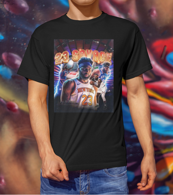 New York Knicks 23 Savage Mitchell Robinson Stadium Lightning Background T-Shirt