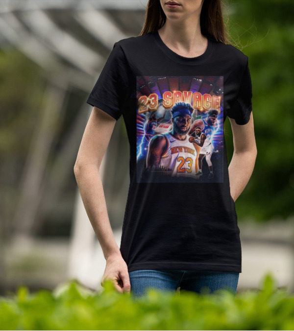 New York Knicks 23 Savage Mitchell Robinson Stadium Lightning Background T-Shirt