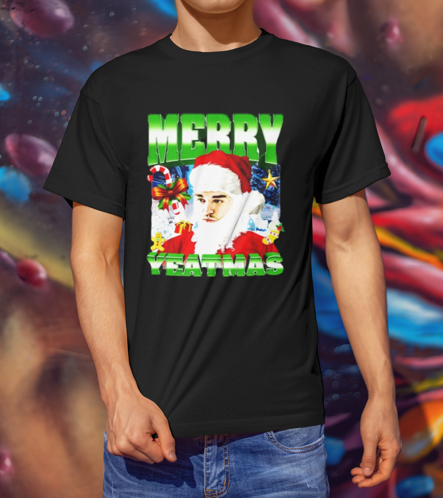 Memeabletees Merry Yeatmas Santa Claus Candy Canes And Snowflakes T-Shirt