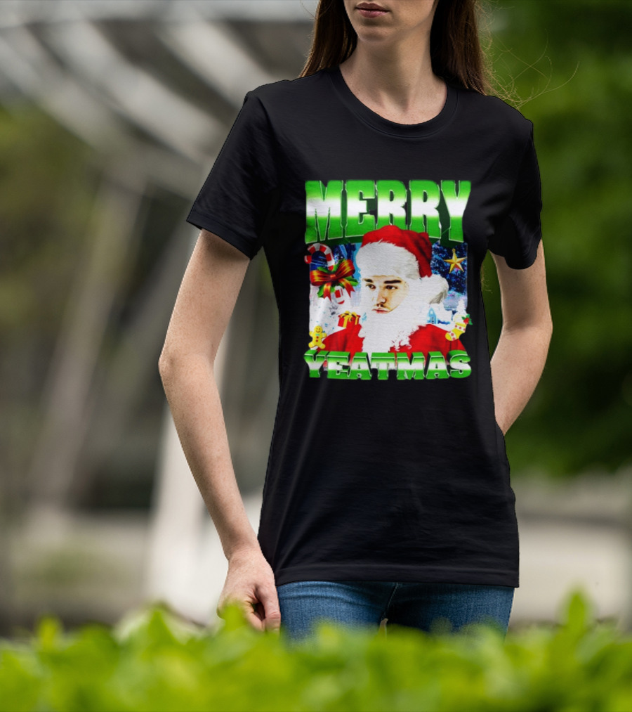 Memeabletees Merry Yeatmas Santa Claus Candy Canes And Snowflakes T-Shirt