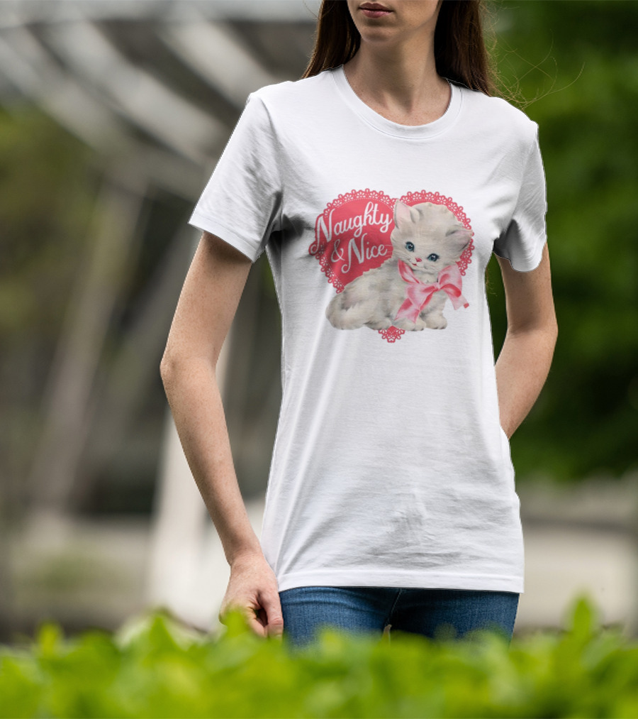 Nessa Barrett Store Naughty And Nice Kitten Heart Bow T-Shirt