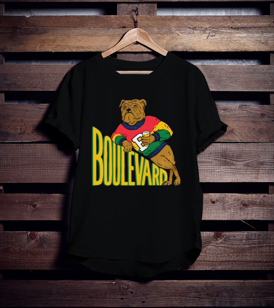 Boulevard Bully Dog In Colorful Sweater Holding Drink T-Shirt