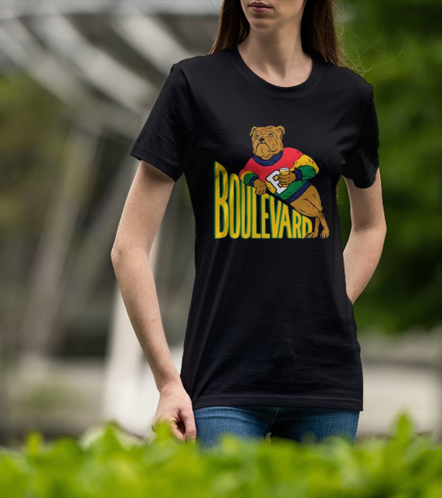 Boulevard Bully Dog In Colorful Sweater Holding Drink T-Shirt