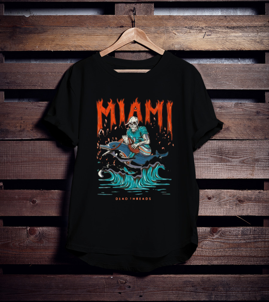MIAMI Dead Threads Skeleton Surfer On Dolphin Football Adventure T-Shirt