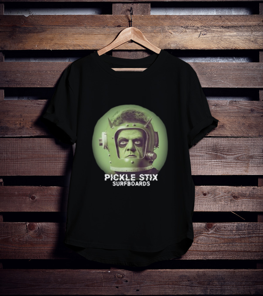 PICKLE STIX SURFBOARDS SPACEMAN HELMET GREEN BACKGROUND T-Shirt