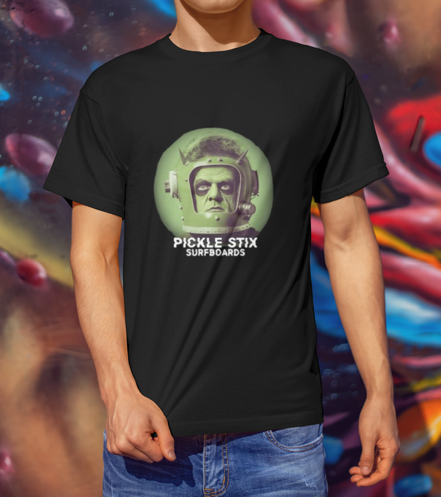 PICKLE STIX SURFBOARDS SPACEMAN HELMET GREEN BACKGROUND T-Shirt