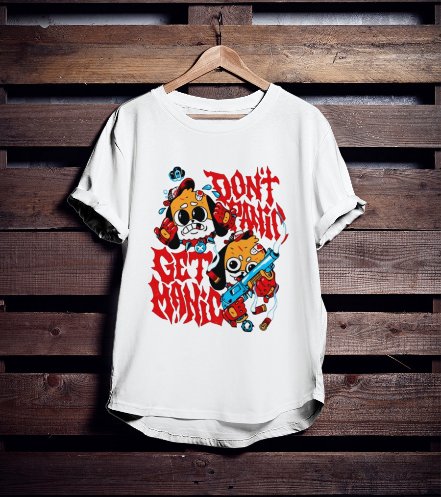 Don't Panic Get Manic Cartoon Characters With Colorful Styling And Playful T-Shirt