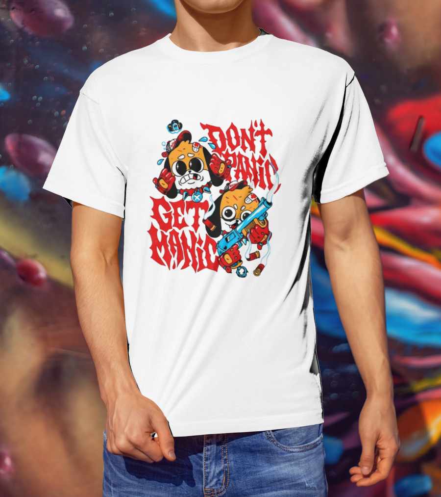 Don't Panic Get Manic Cartoon Characters With Colorful Styling And Playful T-Shirt