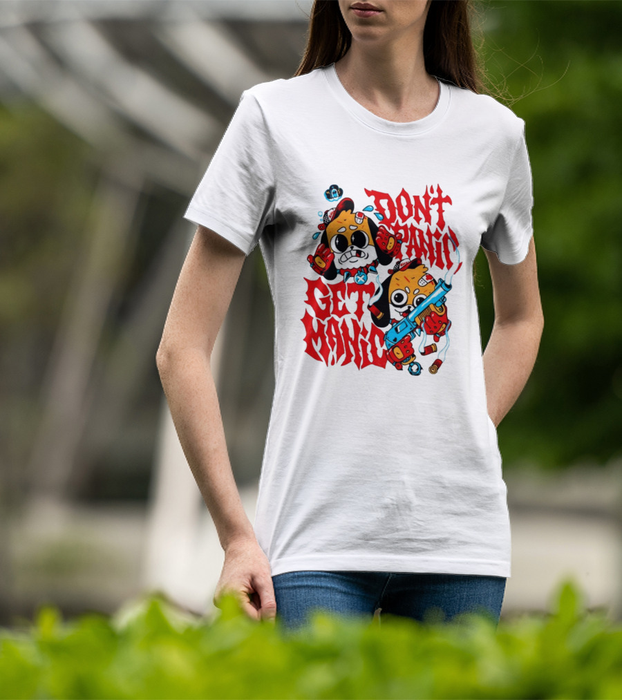Don't Panic Get Manic Cartoon Characters With Colorful Styling And Playful T-Shirt