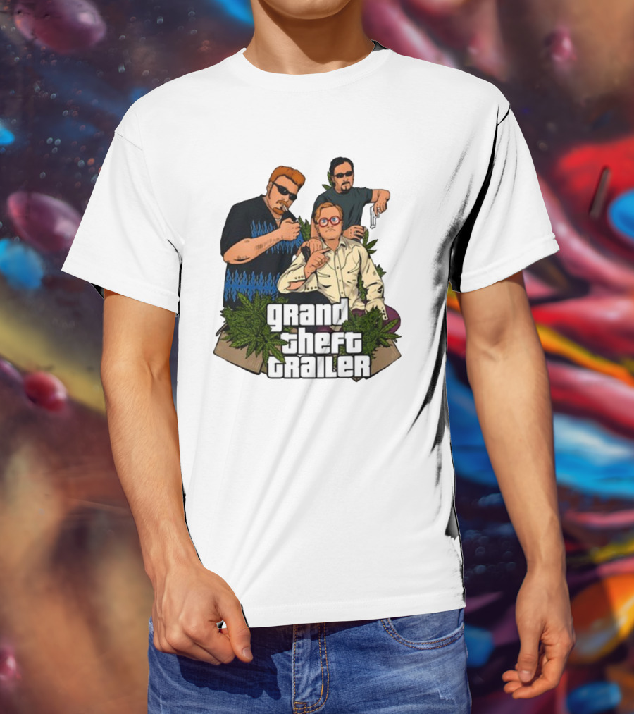 Grand Theft Trailer Cannabis Comedy Trio With Sunglasses And Pistol T-Shirt
