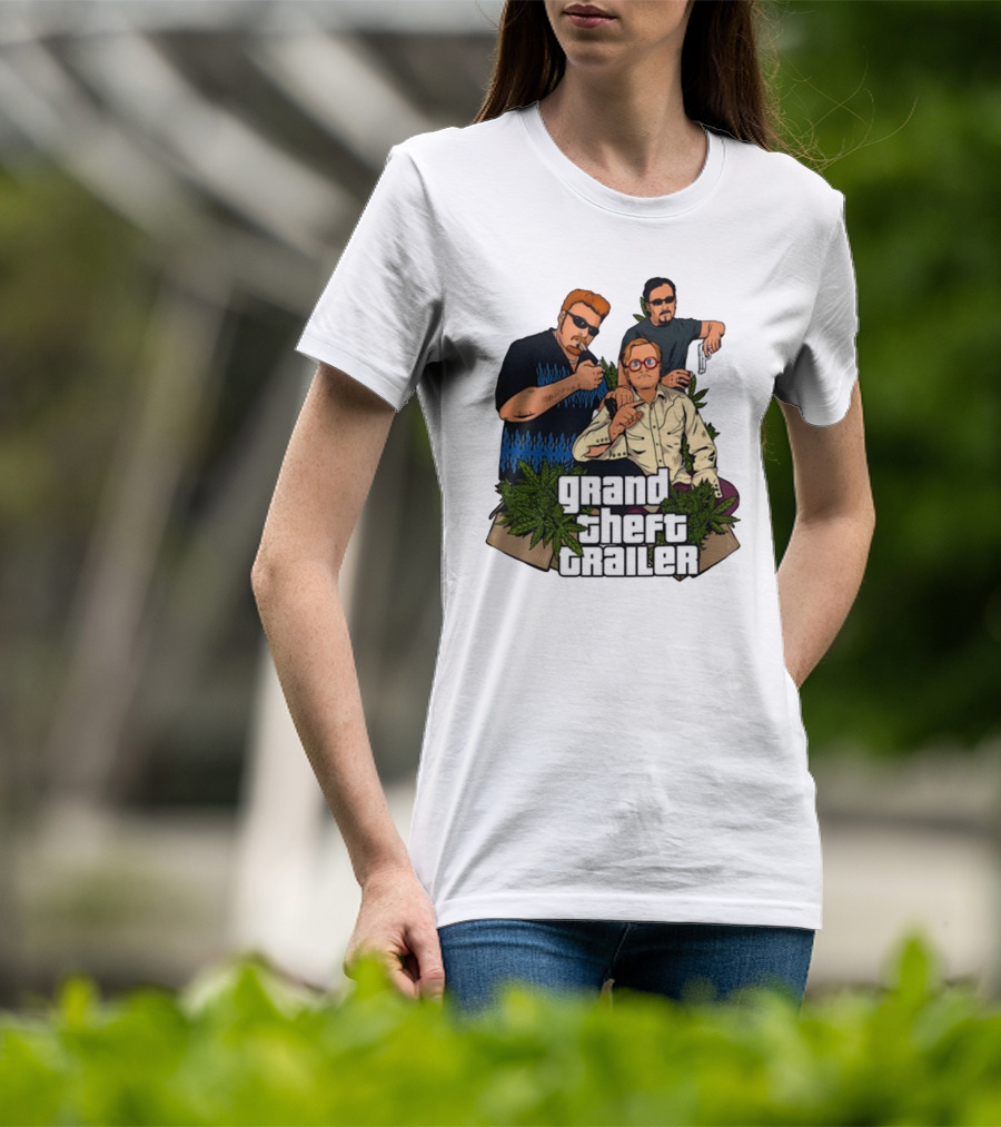 Grand Theft Trailer Cannabis Comedy Trio With Sunglasses And Pistol T-Shirt