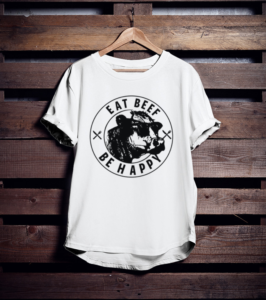 Dr Shawn Baker Eat Beef Be Happy Cow Illustration With Crossed Utensils T-Shirt