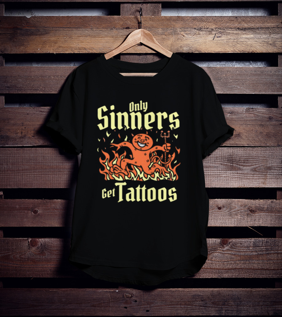 Gotfunny Only Sinners Get Tattoos Gingerbread Devil In Flames T-Shirt