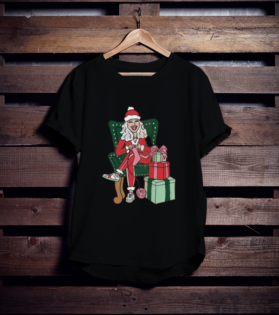 Fleece Navidad Merry Christmas Santa Woman Knitting Presents T-Shirt