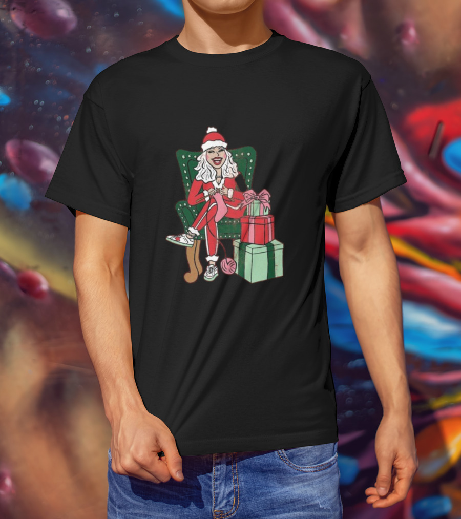 Fleece Navidad Merry Christmas Santa Woman Knitting Presents T-Shirt