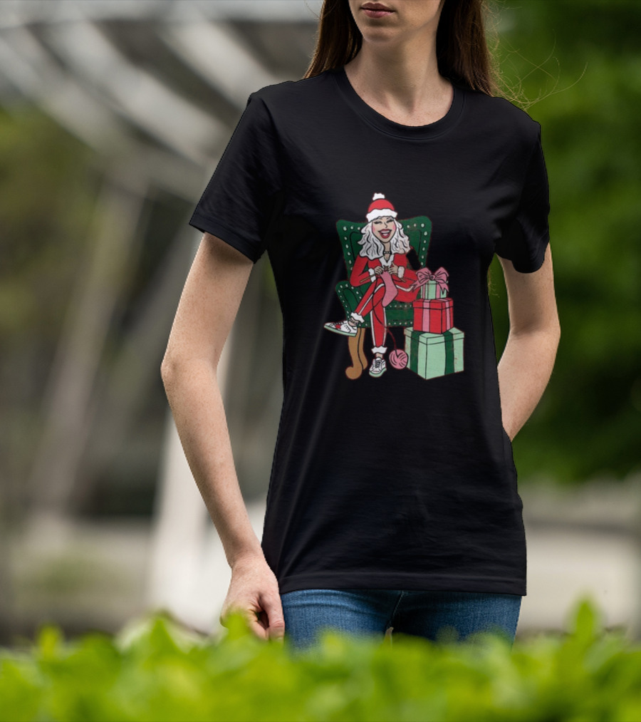 Fleece Navidad Merry Christmas Santa Woman Knitting Presents T-Shirt