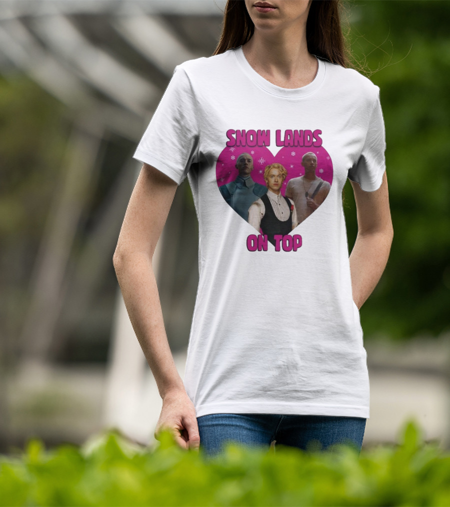 Snow Lands On Top Heart Pink Background Snowflakes T-Shirt