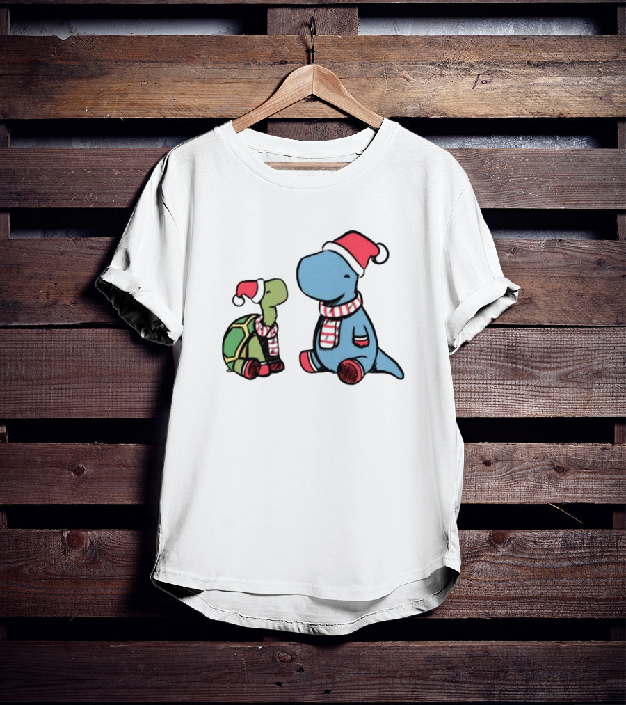 Christmas Tortoise And Dino Santa Hats And Scarves T-Shirt