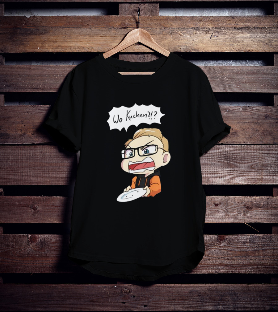 Wo Kuchen?? Comic Character Holding Empty Plate T-Shirt
