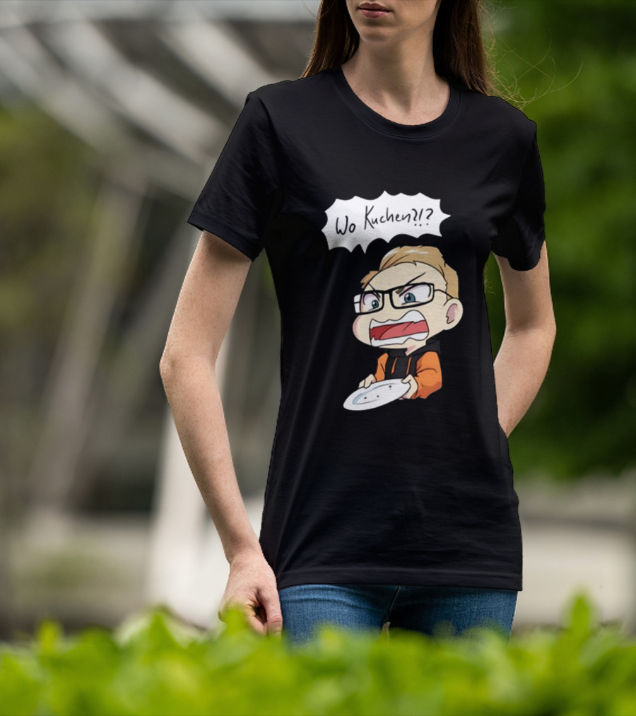 Wo Kuchen?? Comic Character Holding Empty Plate T-Shirt