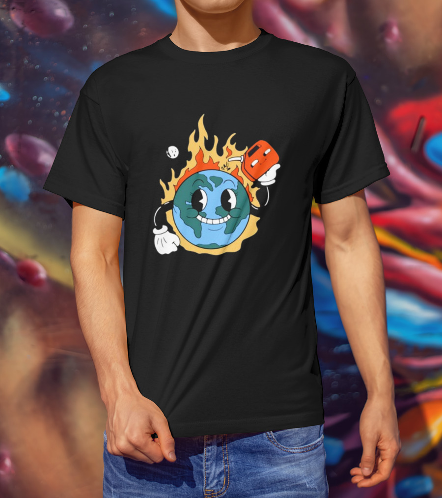 World On Fire Earth Cartoon Holding Gas Can Burning T-Shirt