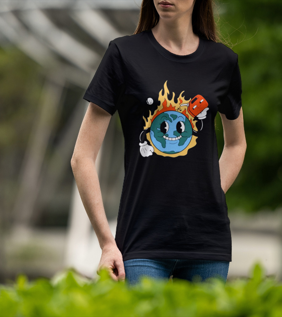 World On Fire Earth Cartoon Holding Gas Can Burning T-Shirt