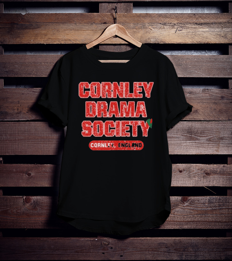 Cornley Drama Society England Red Distressed Text With Holly Leaf T-Shirt