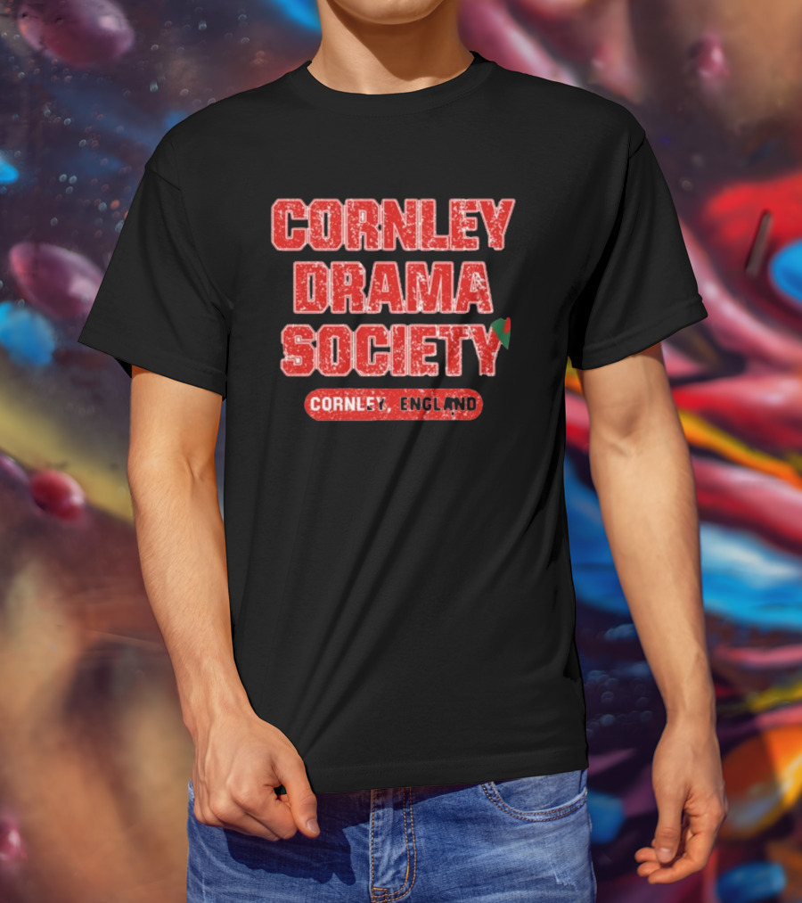 Cornley Drama Society England Red Distressed Text With Holly Leaf T-Shirt