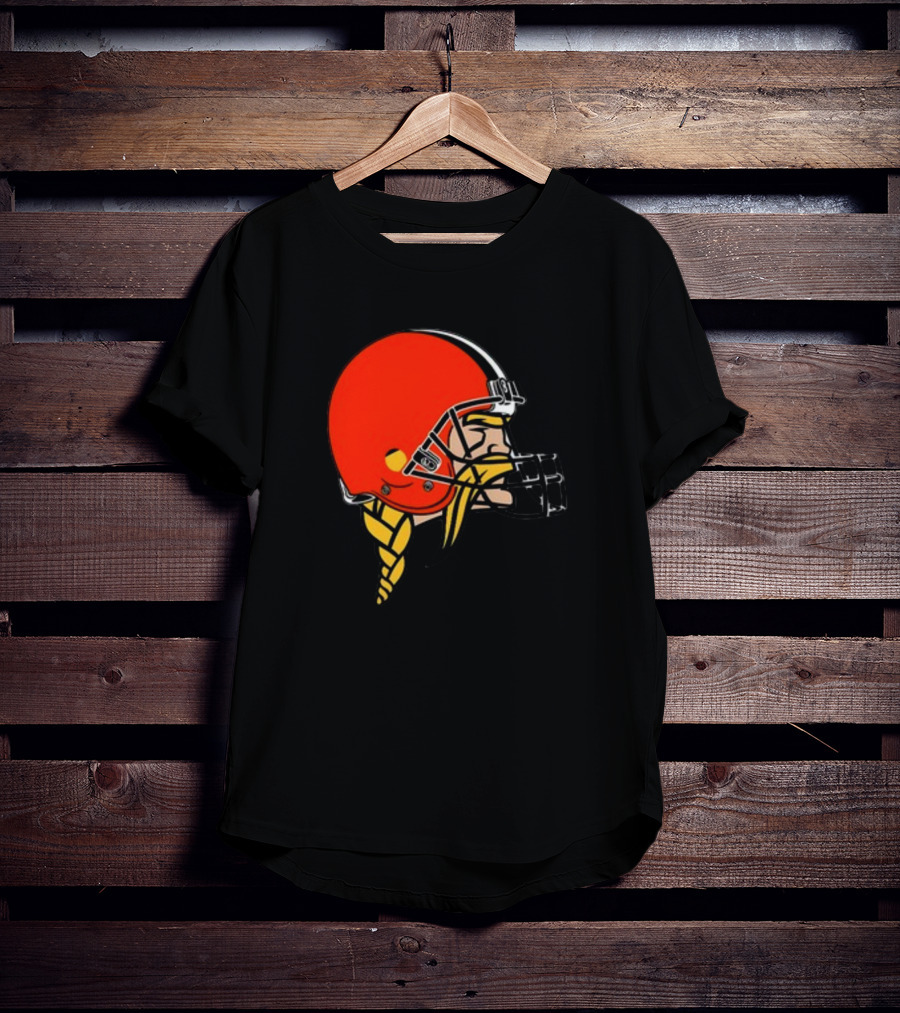 Vikings Helmet Featuring Browns Colors And Iconic Braided Warrior T-Shirt