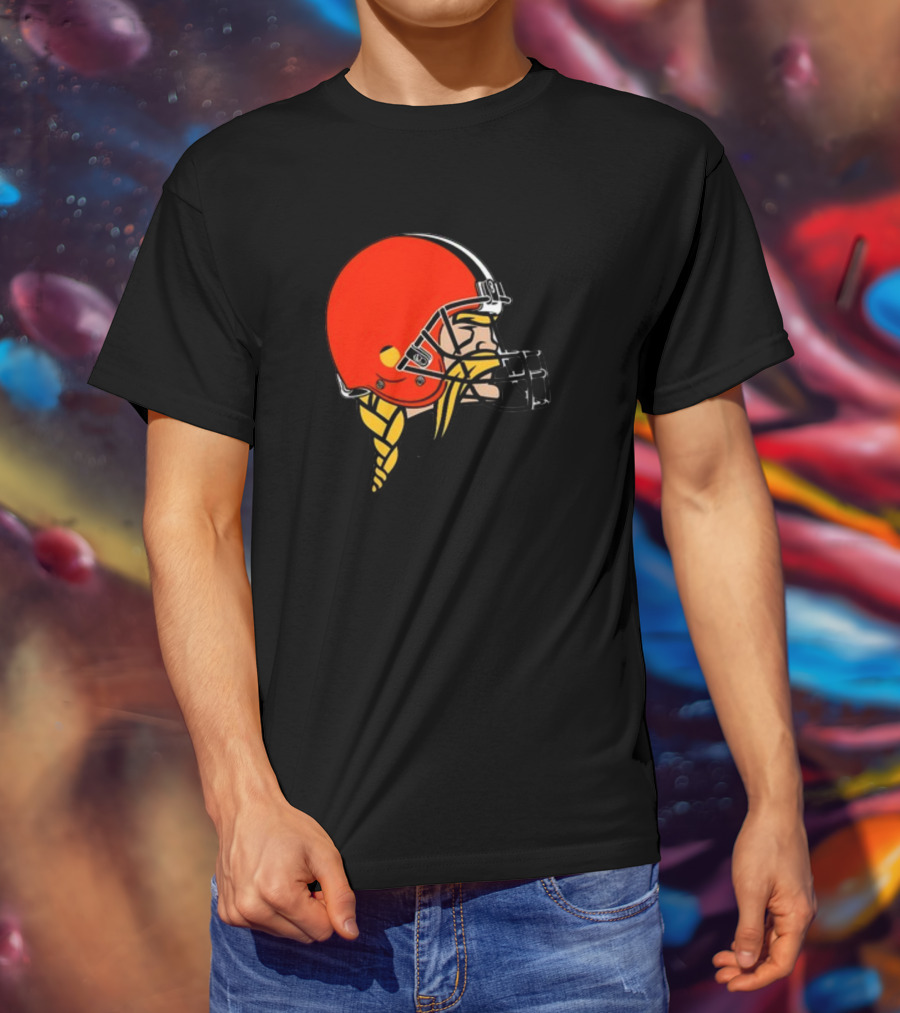 Vikings Helmet Featuring Browns Colors And Iconic Braided Warrior T-Shirt