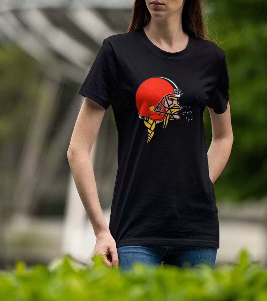 Vikings Helmet Featuring Browns Colors And Iconic Braided Warrior T-Shirt