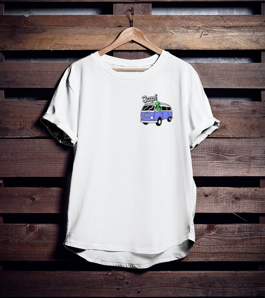 Japi Alien Character Surfer Riding Blue Peace Bus T-Shirt