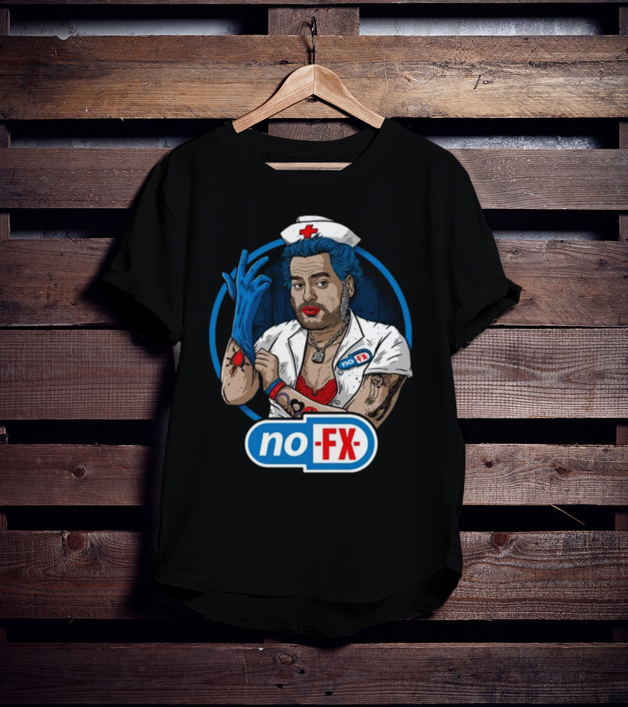 NOFX Blue Haired Nurse Mike Character In Red Lingerie With Tattoos And Blue Glove T-Shirt
