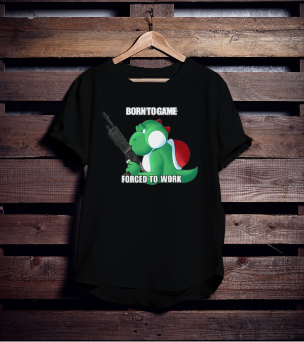 Born To Game Forced To Work Green Dinosaur Headphones Gaming Character T-Shirt