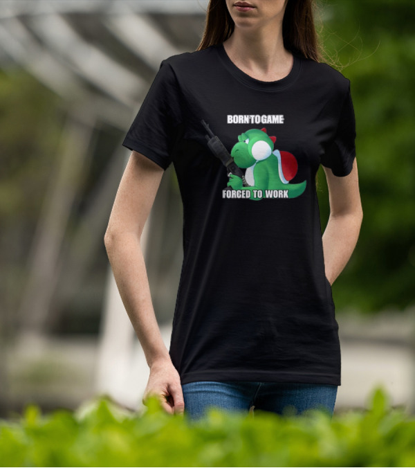Born To Game Forced To Work Green Dinosaur Headphones Gaming Character T-Shirt