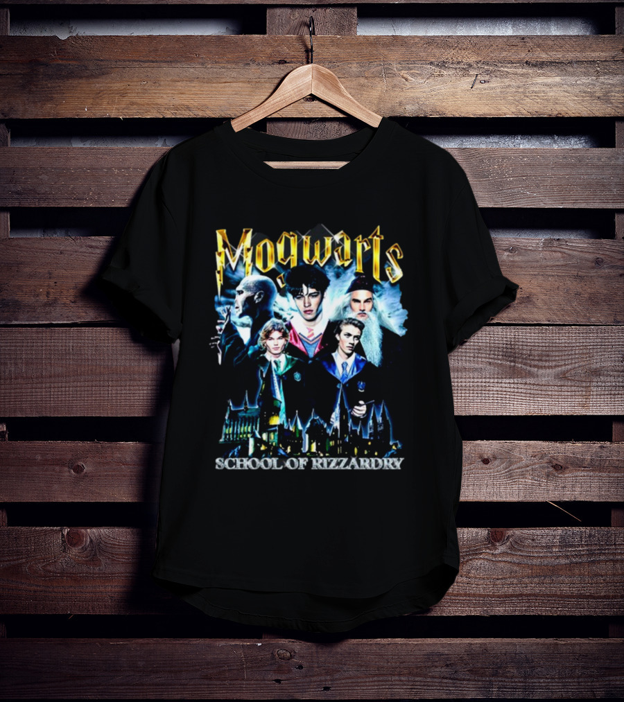Mogwarts School Of Rizzardry Hogwarts Parody Featuring Iconic Wizard Figures And Castle T-Shirt