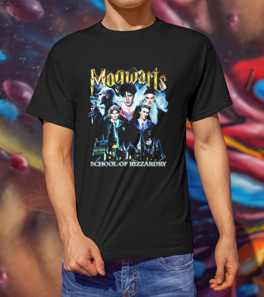 Mogwarts School Of Rizzardry Hogwarts Parody Featuring Iconic Wizard Figures And Castle T-Shirt