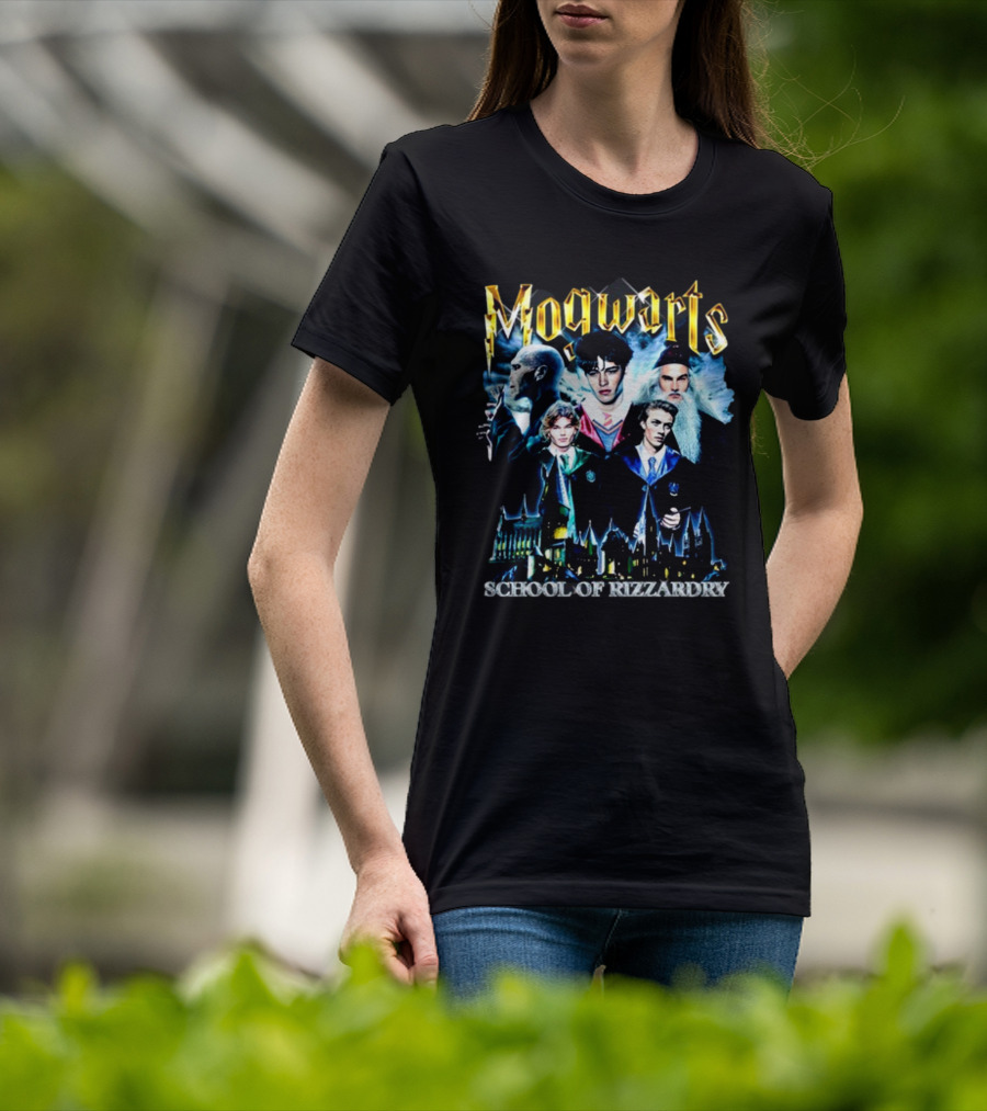 Mogwarts School Of Rizzardry Hogwarts Parody Featuring Iconic Wizard Figures And Castle T-Shirt
