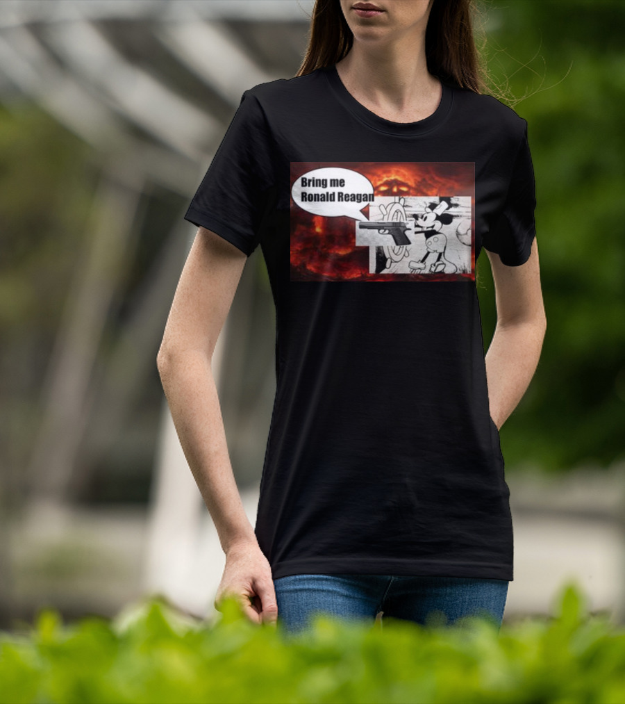 Bring Me Ronald Reagan Cartoon Character And Gun Over Fiery Background T-Shirt