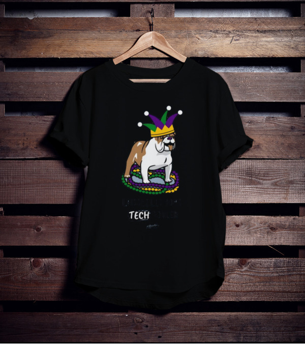 Laissez Les Bons Tech Rouler Bulldog With Mardi Gras Beads And Jester Hat Glitch T-Shirt