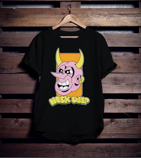 NeckDeepUK Neck Deep Cartoon Devil Face Yellow Horns Pink Head T-Shirt