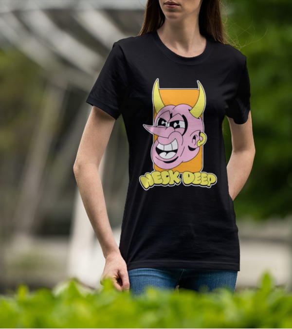 NeckDeepUK Neck Deep Cartoon Devil Face Yellow Horns Pink Head T-Shirt