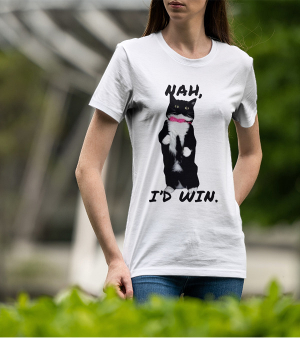 Nah I'd Win Black And White Cat With Pink Bow Tie T-Shirt