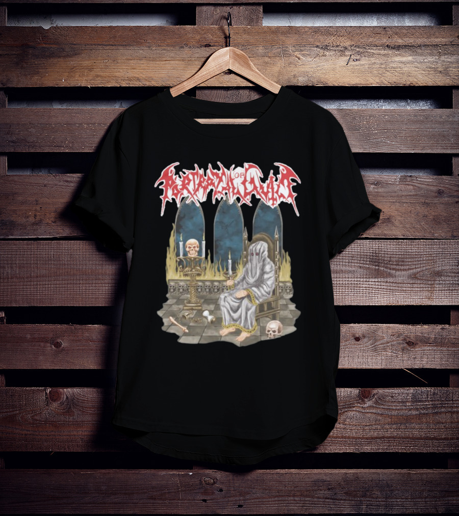 Portrayal Of Guilt Eyedust Cloaked Figure With Skull Throne And Candles T-Shirt