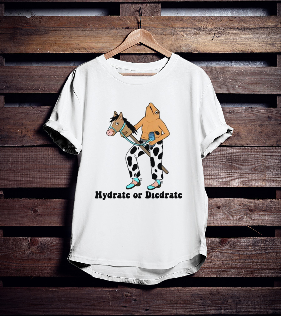 Hydrate Or Diedrate Frog Head On Human Riding Stick Horse With Cow Pants And Water Bottle T-Shirt