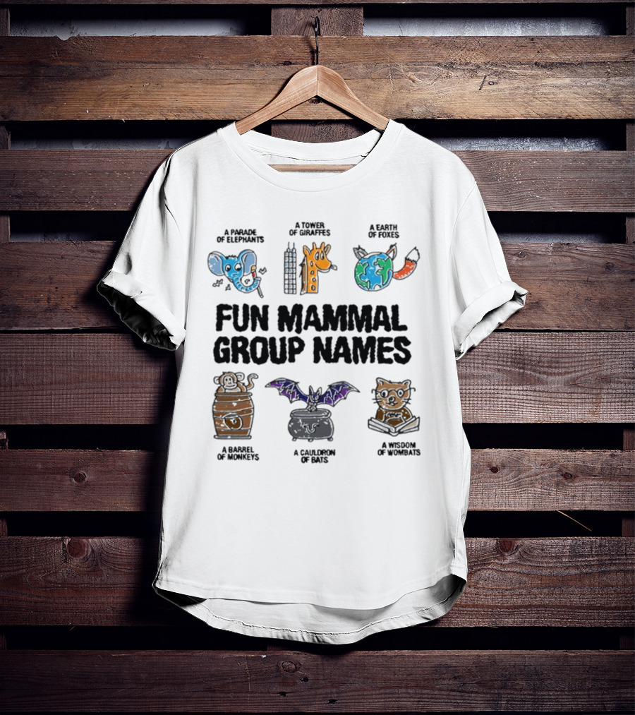 Fun Mammal Group Names Parade Elephants Tower Giraffes Earth Foxes Barrel Monkeys Cauldron Bats Wisdom Wombats T-Shirt
