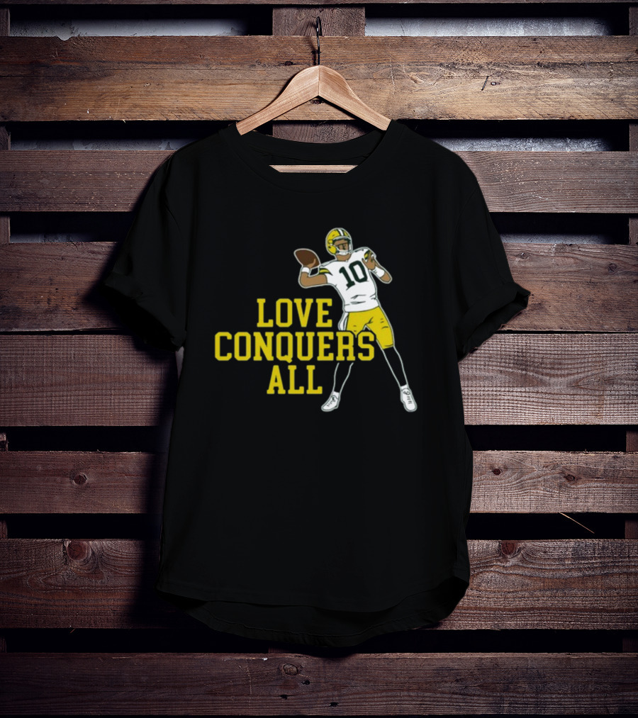 Love Conquers All Green And Yellow Number 10 Football Player T-Shirt