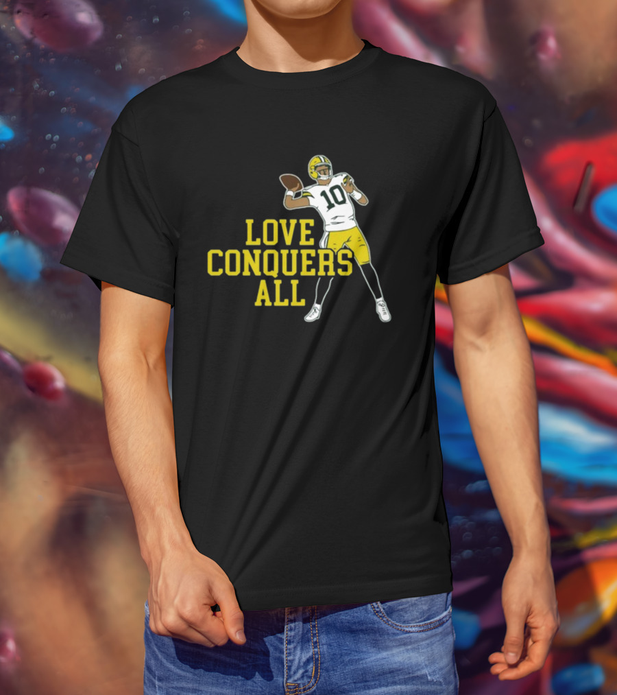 Love Conquers All Green And Yellow Number 10 Football Player T-Shirt