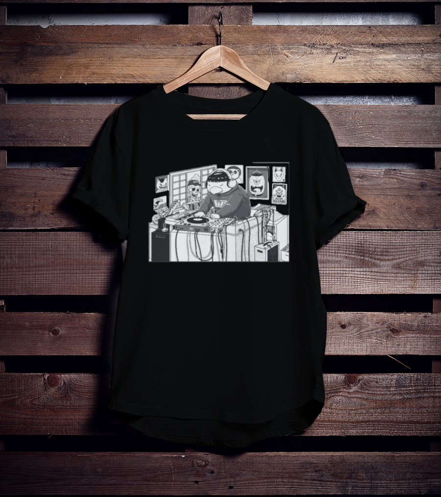 Yokai Beats DJ Mixing In Studio With Japanese Mask Collection T-Shirt