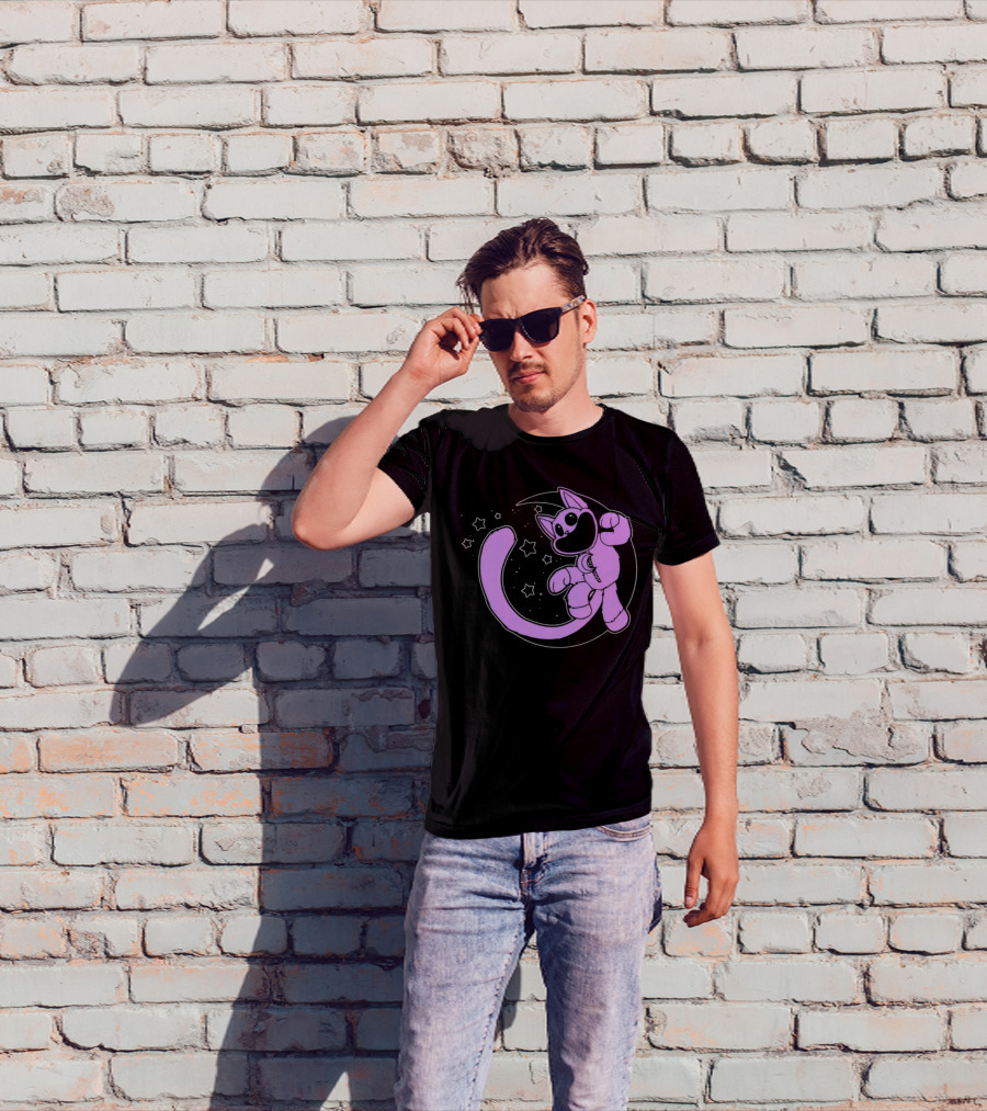 Purple Cartoon Cat With Stars And Moon T-Shirt